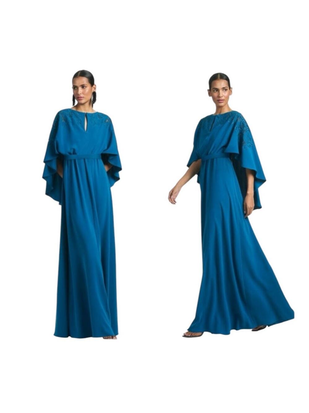 Sachin & Babi Size 4 NWT Moroccan Blue Crepe Embroidered Wren Cape Maxi Gown